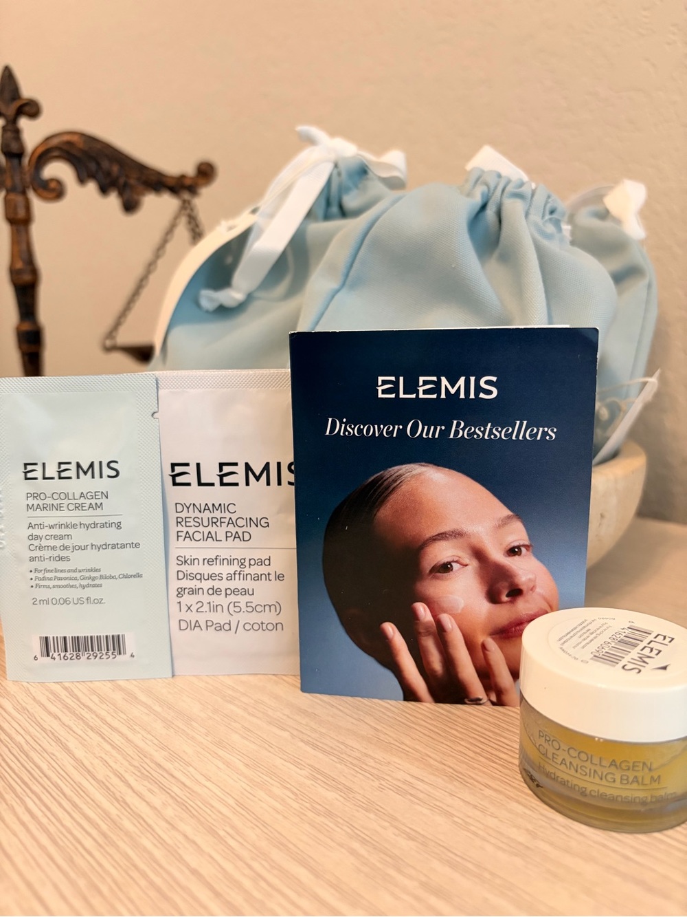 ELEMIS Skincare Set with Light Blue Elemis branded Drawstring Pouch (set of 15)